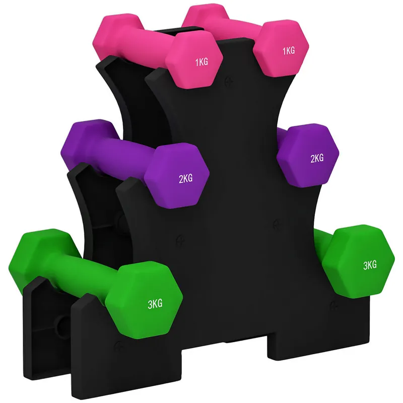 SPORTNOW Juego de Mancuernas 12kg Total, 2 x1kg 2 x2kg 2 x3kg, Set de Mancuernas Hexagonal con Soporte de Almacenamiento para Ejercicio, Entrenamiento en Casa, Gimnasio, Multicolor - Deporte