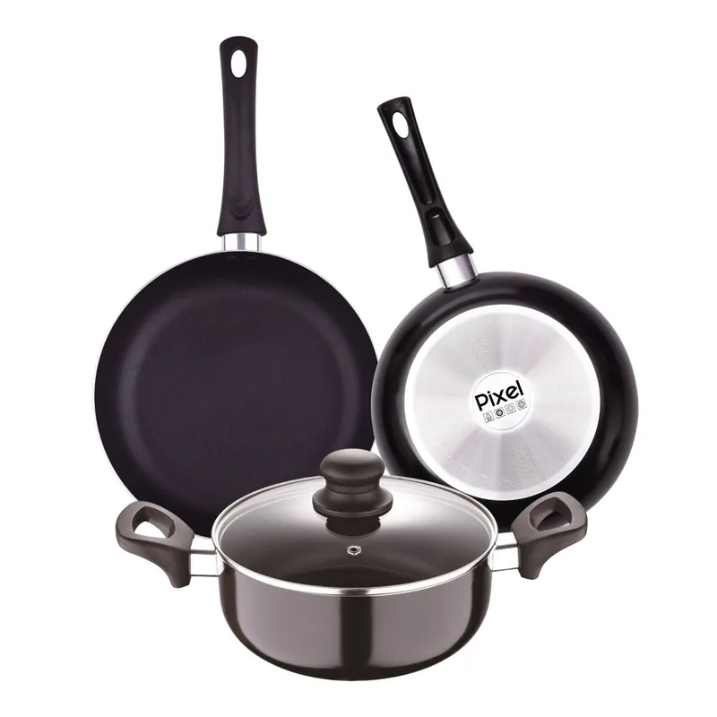 Juego de 2 Sartenes Ø20Ø24cm + Cacerola con tapa de Ø24cm en aluminio prensado y antiadherente PIXEL Chef Sauce - Cocina