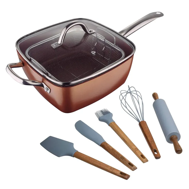 Juego de Sartén Cuadrada 24x24cm en aluminio prensado + Set de 5 utensilios de cocina de silicona y madera Optimum Copper Bergner