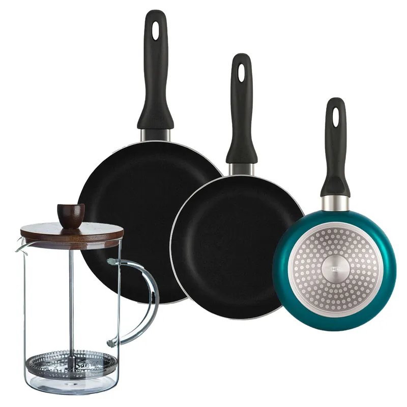 Well Home Set de 3 Sartenes Ø16Ø20Ø24cm de Aluminio prensado en Azul metalizado+Cafetera de émbolo de vidrio borosilicato 15,8x10x18,8cm - Cocina