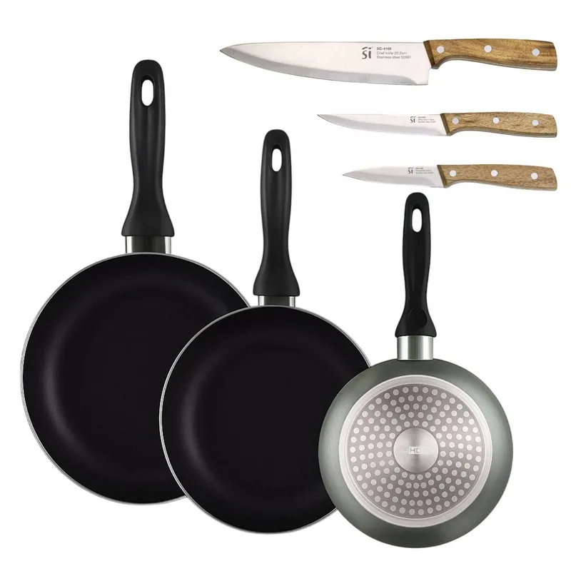 Well Home Set de 3 Sartenes Ø16Ø20Ø24cm de Aluminio prensado en Gris metalizado+Set de 3 cuchillos de acero inoxidable para cocina