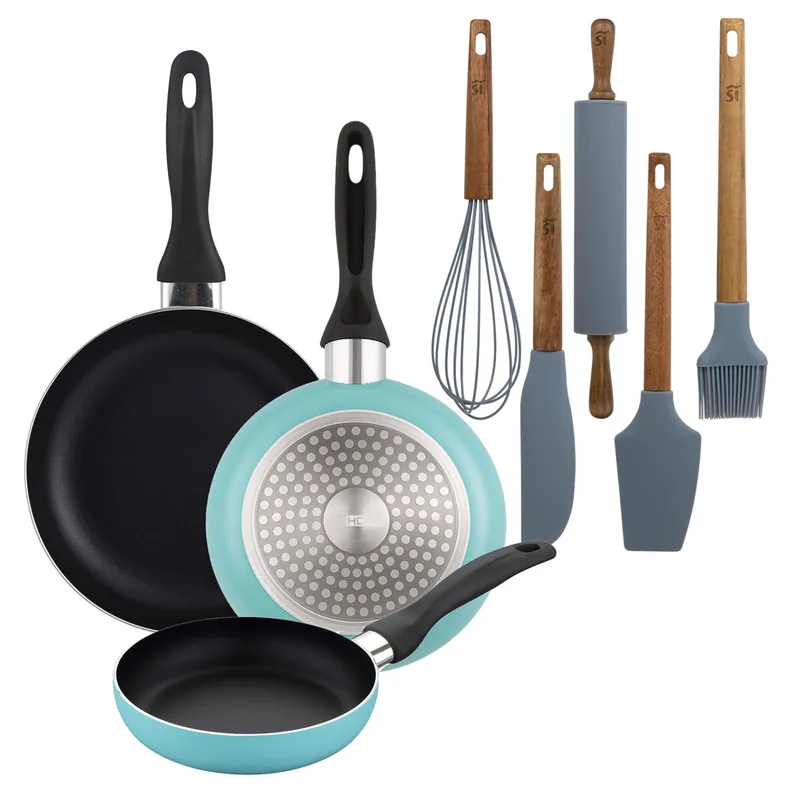 Well Home Set de 3 Sartenes Ø16Ø20Ø24cm de Aluminio prensado en Azul mate+Set de 5 Utensilios de Cocina de Silicona y Madera de Acacia