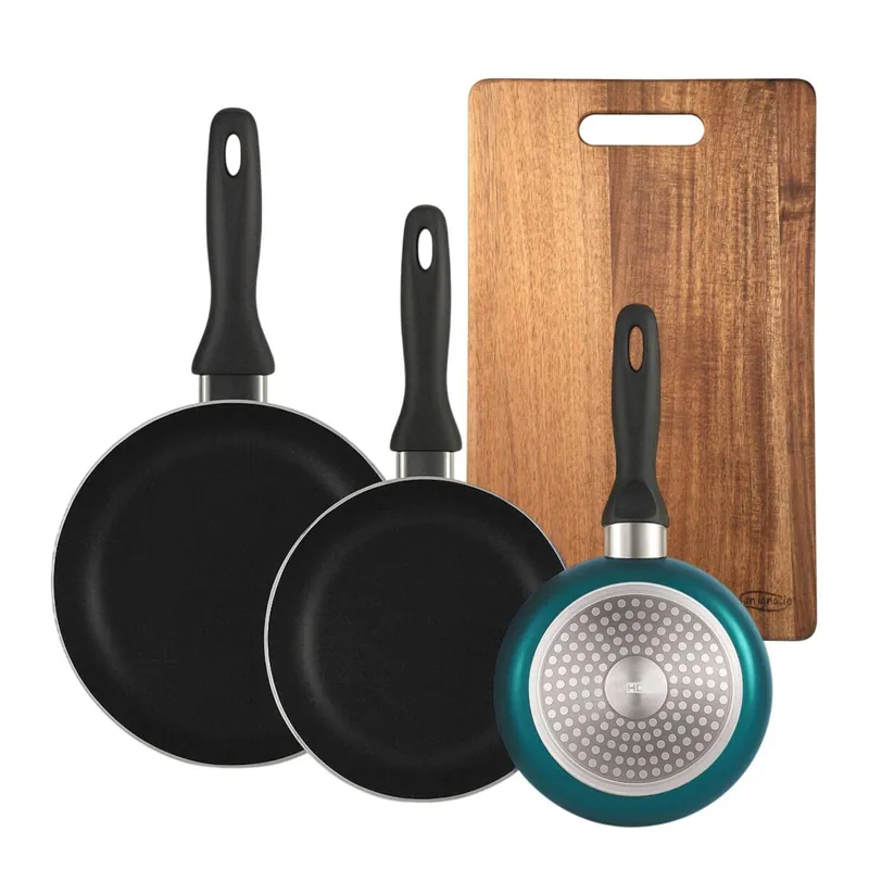 Well Home Set de 3 Sartenes Ø16Ø20Ø24cm de Aluminio prensado en Azul metalizado+Tabla de cortar 40,3x25,2x2,5cm de madera de acacia - Cocina