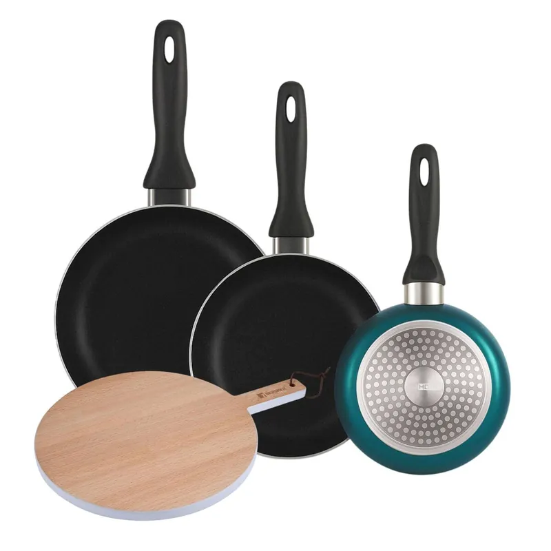 Well Home Set de 3 Sartenes Ø16Ø20Ø24cm de Aluminio prensado en Azul metalizado+Tabla de corte Redonda de 38x28x1,5cm en madera de haya - Cocina