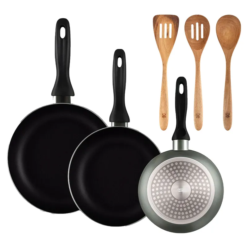 Well Home Set de 3 Sartenes Ø16Ø20Ø24cm de Aluminio prensado en Gris metalizado+Set 3pcs utensilios de cocina acacia