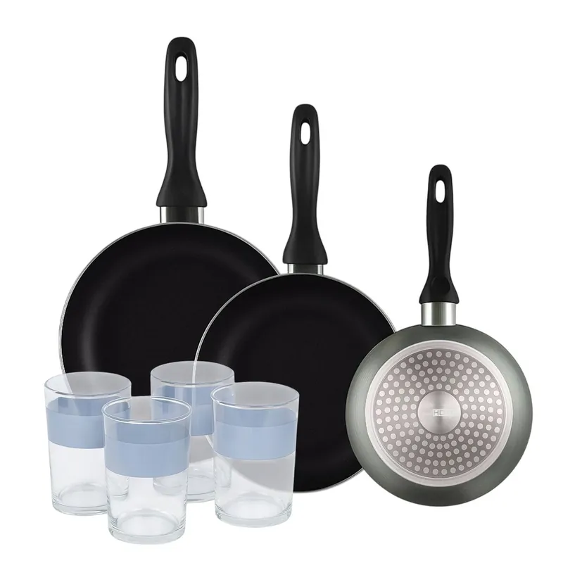 Well Home Set de 3 Sartenes Ø16Ø20Ø24cm de Aluminio prensado en Gris metalizado+Juego de 4 Vasos de 0,5L - Cocina
