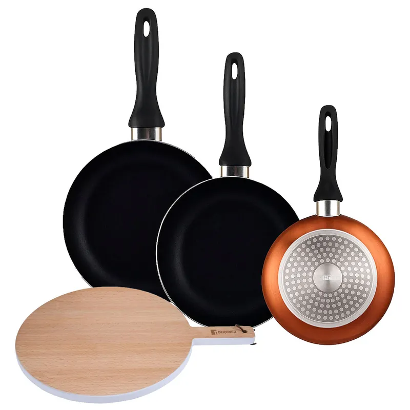 Well Home Set de 3 Sartenes Ø16Ø20Ø24cm de Aluminio prensado en Bronce metalizado+Tabla de corte Redonda de 38x28x1,5cm en madera de haya - Cocina