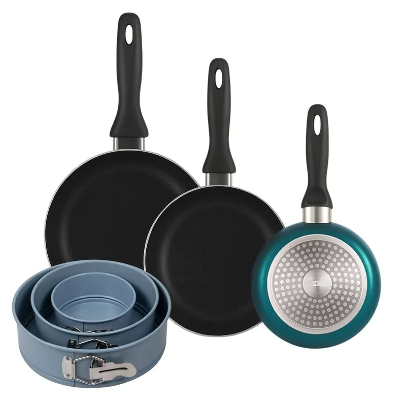 Well Home Set de 3 Sartenes Ø16Ø20Ø24cm de Aluminio prensado en Azul metalizado+Juego de 3 moldes de horno redondos Ø12Ø18Ø22cm - Cocina