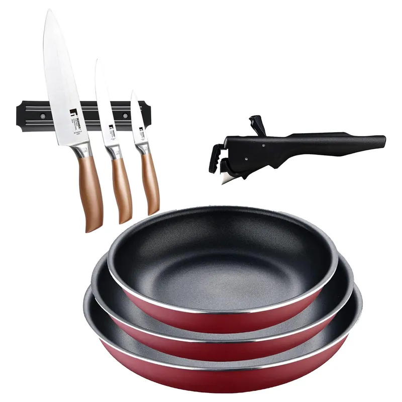 Bergner Click&Cook juego de 3 Sartenes Ø18Ø20Ø24cm Aluminio prensado rojo con Mango extraíble+Set de 3 Cuchillos con Soporte magnético - Cocina