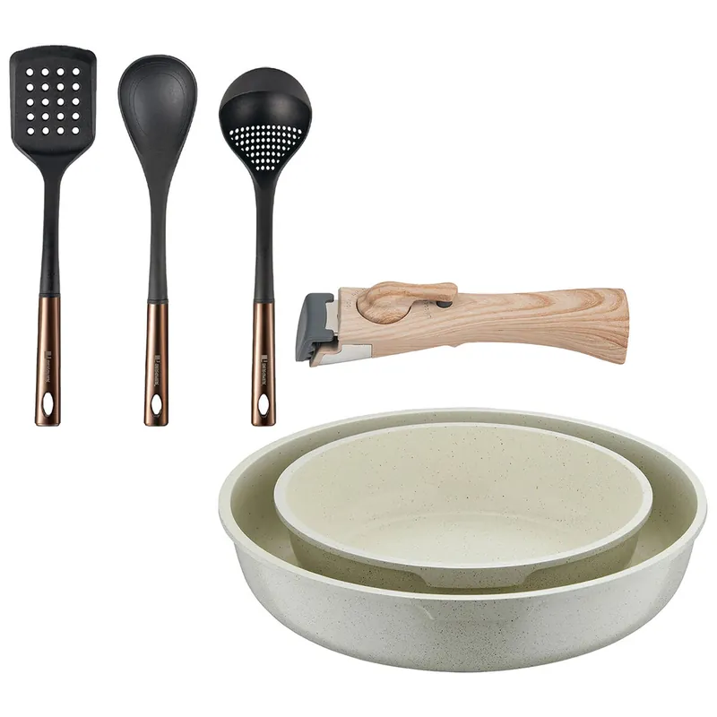 Bergner Click&Cook Juego de 2 Sartenes Ø22Ø26cm Aluminio fundido Blanco con Mango desmontable+ Set de 3 Utensilios de cocina de PBT negro y cobre
