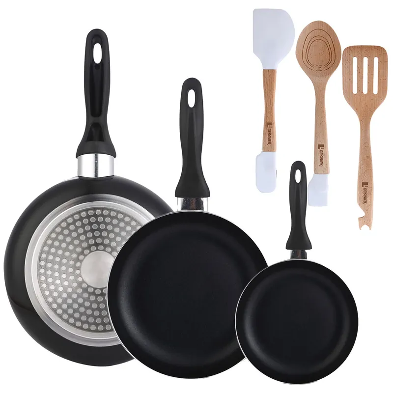 Set 3 sartenes Wellhome 16/20/24 aluminio prensado+Juego de 3 Utensilios de cocina en silicona y madera