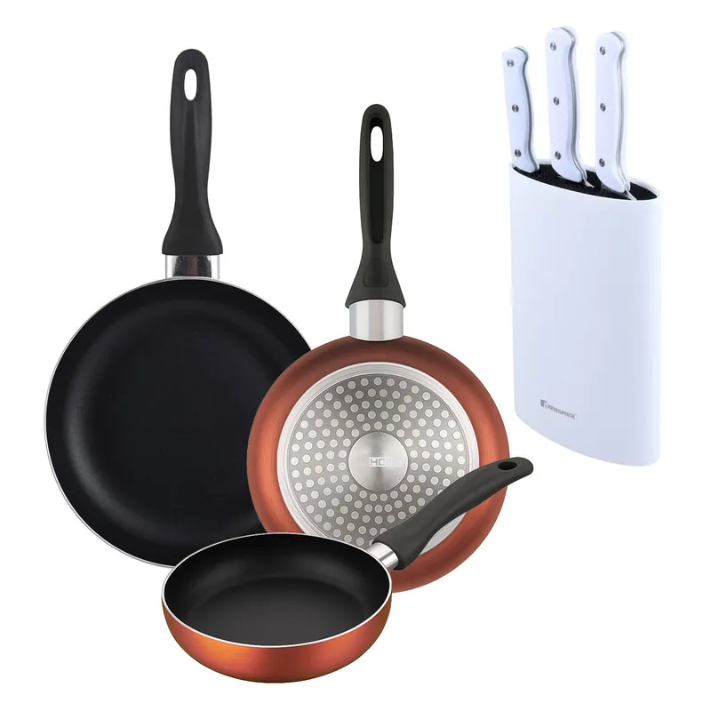 Well Home Set de 3 Sartenes Ø16Ø20Ø24cm de Aluminio prensado en Cobre metalizado+Set de 3 Cuchillos con Tacoma en Acero inoxidable - Cocina