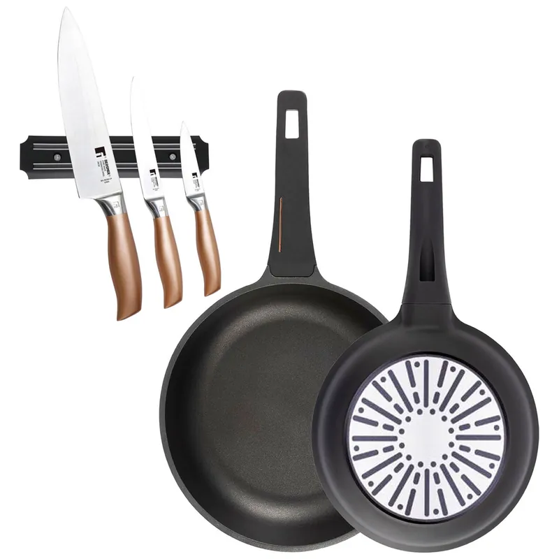 Bergner Juego de 2 Sartenes Ø24Ø28cm en aluminio fundido con mango de baquelita+Set de 3 Cuchillos en acero inoxidable con Soporte magnético de pared - Cocina