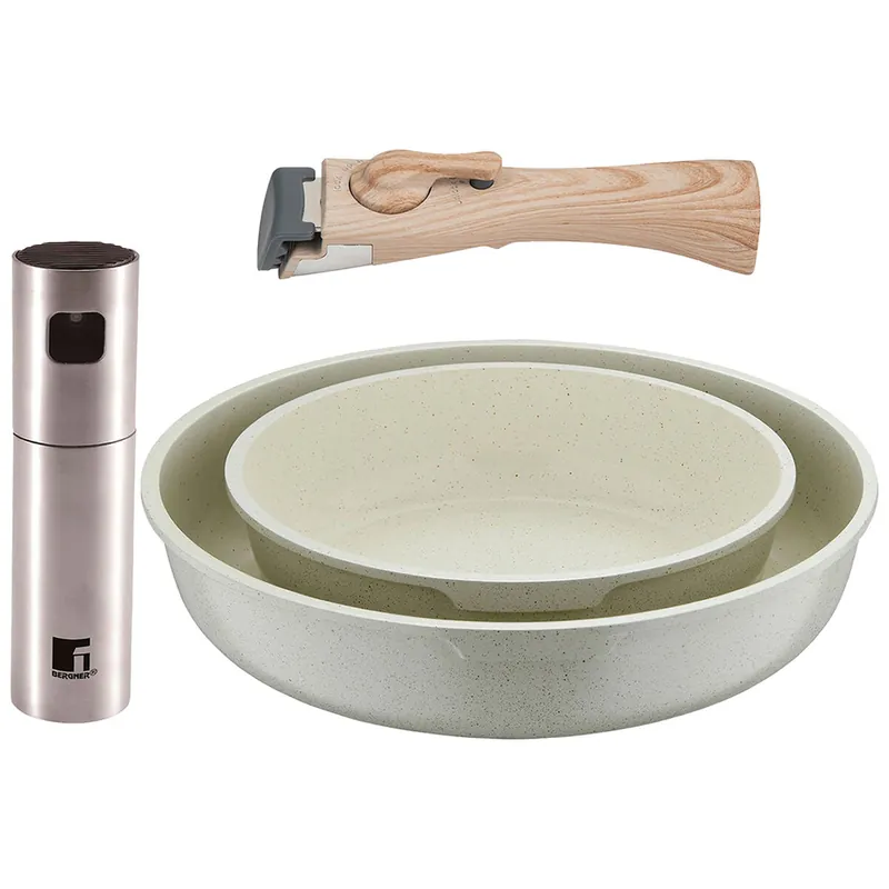 Bergner Click&Cook Juego de 2 Sartenes Ø22Ø26cm Aluminio fundido Blanco con Mango desmontable+Pulverizador de Aceite y vinagre en acero inoxidable - Cocina
