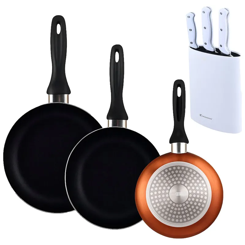 Well Home Set de 3 Sartenes Ø16Ø20Ø24cm de Aluminio prensado en Bronce metalizado+Set de 3 Cuchillos con Tacoma en Acero inoxidable - Cocina