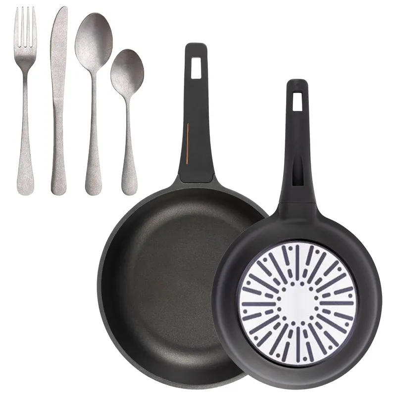 Bergner Juego de 2 Sartenes Ø24Ø28cm en aluminio fundido con mango de baquelita+Set de 16 Cubiertos en Acero Inoxidable - Cocina