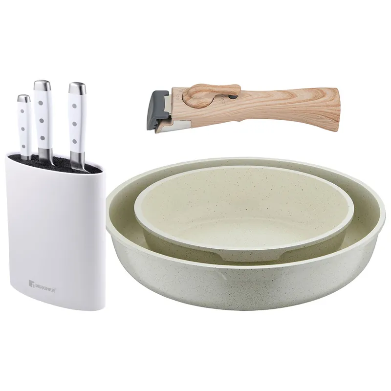 Bergner Click&Cook Juego de 2 Sartenes Ø22Ø26cm Aluminio fundido Blanco con Mango desmontable+Juego de 3 Cuchillos de acero inoxidable con Tacoma - Cocina