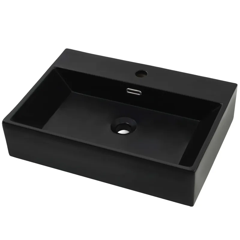 vidaXL Lavabo con orificio para grifo cerámica negro 60,5x42,5x14,5 cm - Baño