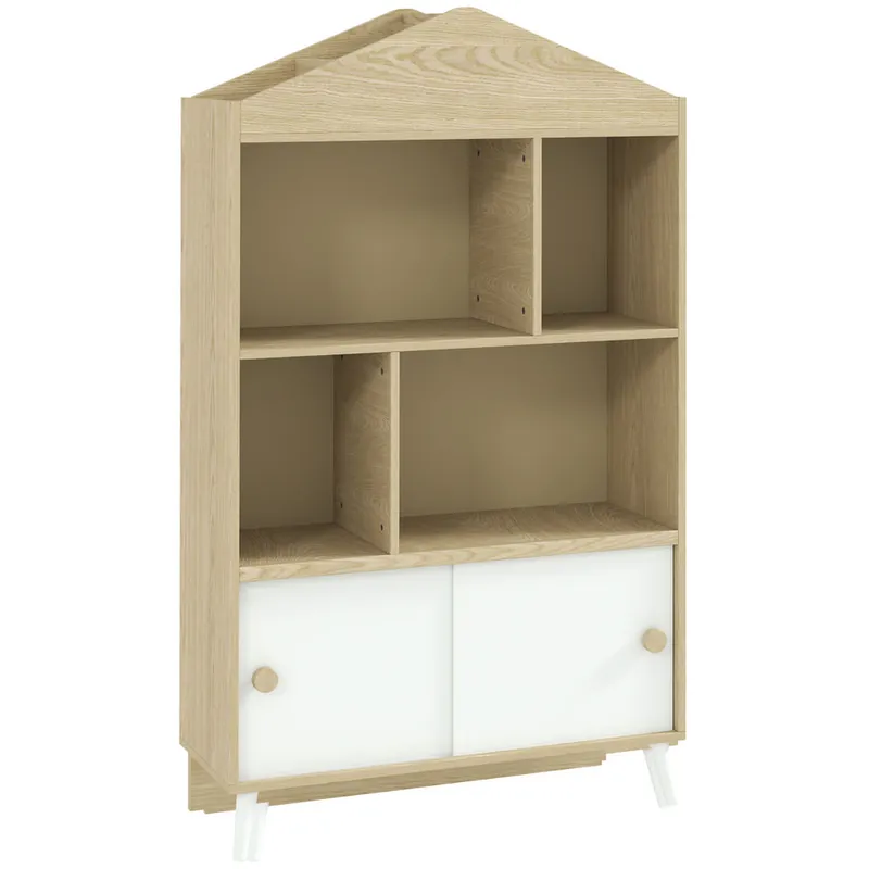 AIYAPLAY Estantería Infantil de Madera con 4 Compartimentos Librería Infantil con Estantes Abiertos y Armario para Habitación de Niños Sala de Juegos 80x30x140,5 cm Blanco y Natural - Bebé