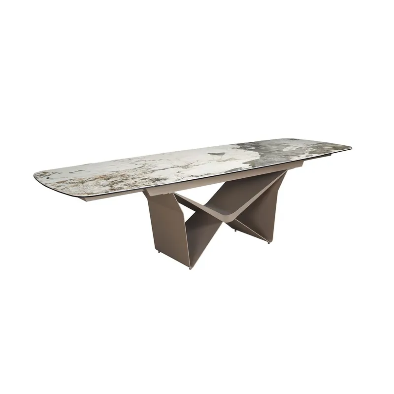 ANGEL CERDA Mesa comedor extensible ovalada barril mármol porcelánico y acero taupé metalizado - Muebles