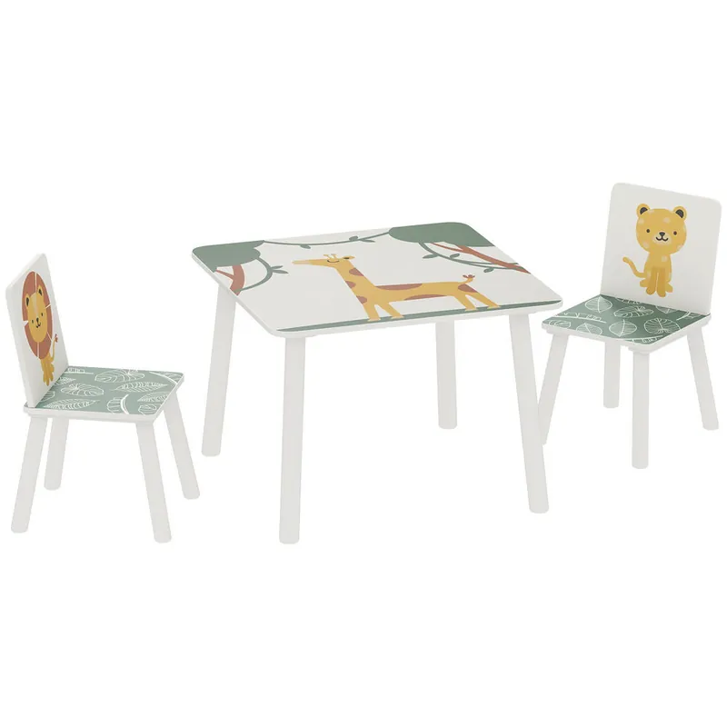 AIYAPLAY Mesa y Sillas Infantiles de 3 Piezas, Mesa Infantil con 2 Sillas de Madera de Pino, Juego de Muebles con Dibujos de Leones para niños de +3 Años, para Dormitorio, Sala de Juegos, Verde