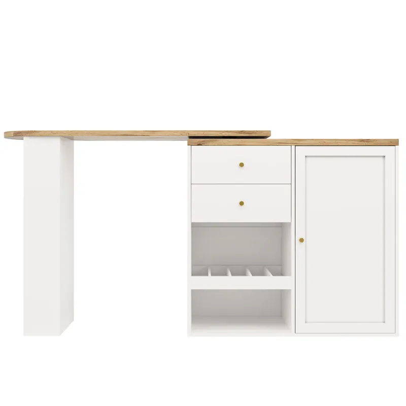Mesa de bar giratoria 105x39x102 cm - con 2 cajones y armario con puerta corredera, 3 niveles de almacenamiento abierto - blanca