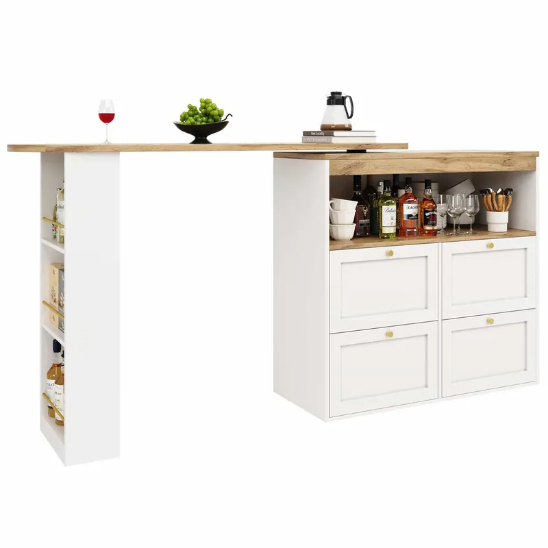 Mesa de bar giratoria 360° - 105x39x102 cm - con 4 cajones y estantes abiertos - Negro