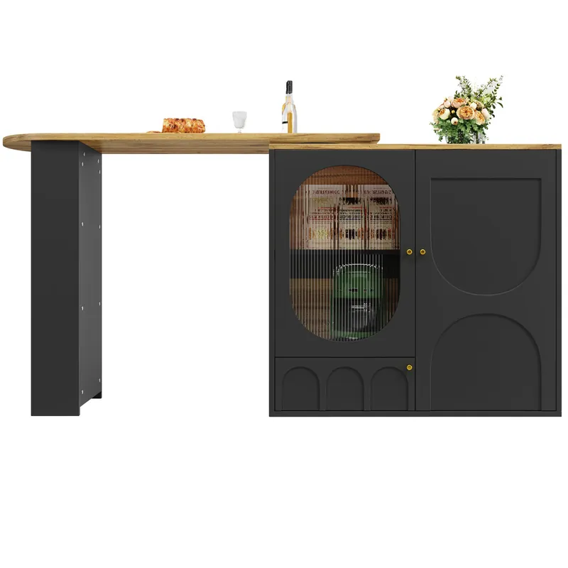 Mesa de bar giratoria 138x39x102 cm - Mueble de cocina con almacenamiento, isla de cocina, tres puertas, estantes, separadores extraíbles - Negro