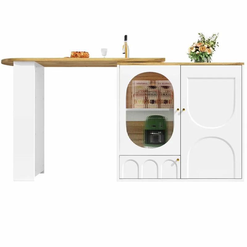 Mesa de bar giratoria 360° - 138x39x102 cm - Mueble de bar con almacenamiento, isla de cocina, tres puertas con estantes, paneles divisores extraíbles - Blanco