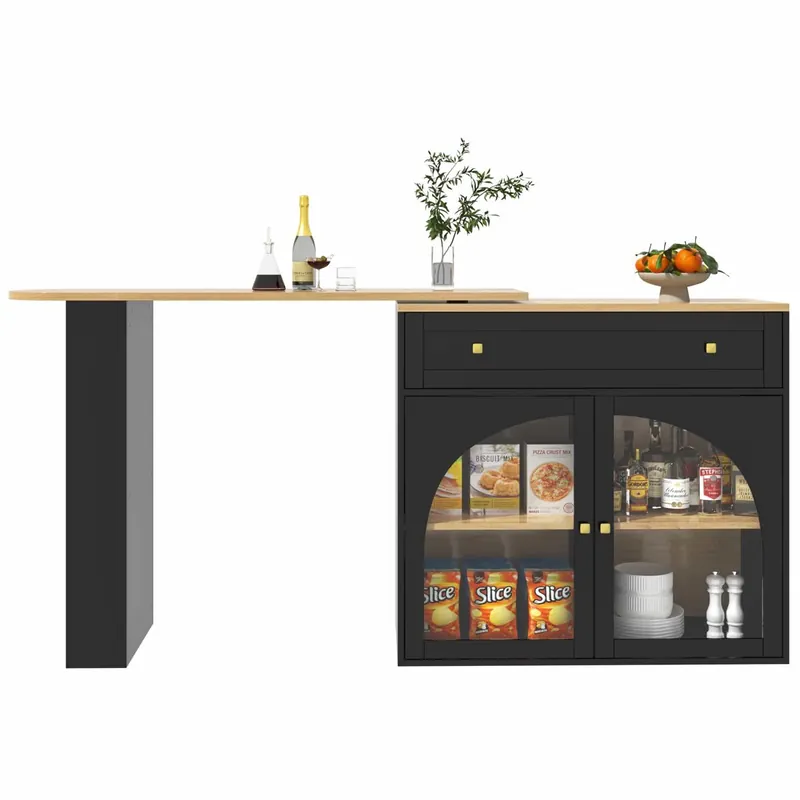 Mesa de bar extensible 138-204cm - 360° giratoria, mesa alta, mesa de cocina/bistró con estantes y vidrio - Negro