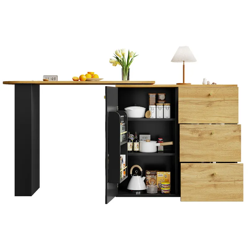 Mesa de bar extensible 138-204×39×104cm - 360° rotatoria, moderna, con almacenamiento, mesa alta de cocina, sideboard con acabado en madera - Negro