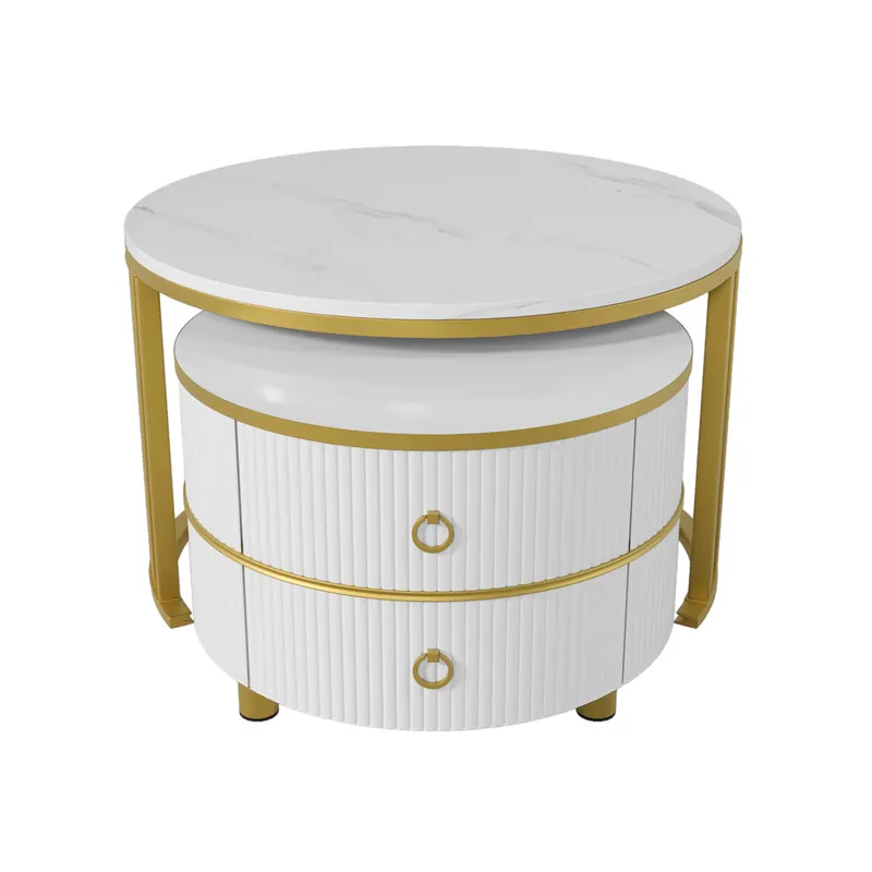 Juego de 2 mesas de centro nido con 2 cajones - tapa con diseño de mármol - Dorado y blanco