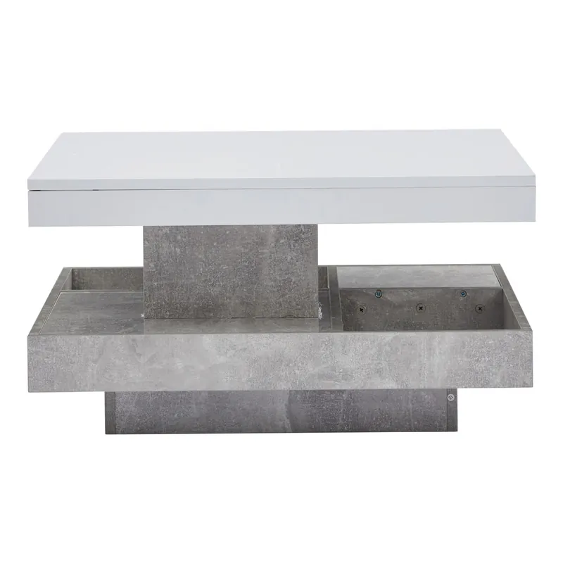 Mesa de centro con almacenamiento 70x70x36 cm - tapa brillante giratoria 360° - Blanco y Gris