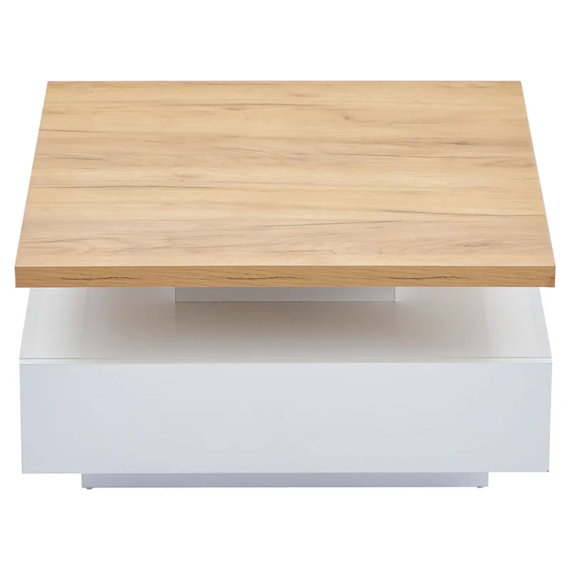 Mesa de centro cuadrada giratoria 360° - 70x70x36 cm - con 1 cajón - Blanco y natural