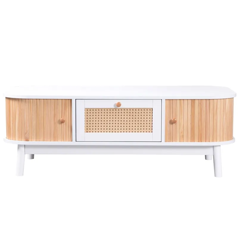 Mesa de centro para salón - decorada con ratán y madera maciza - estilo rústico - Blanco
