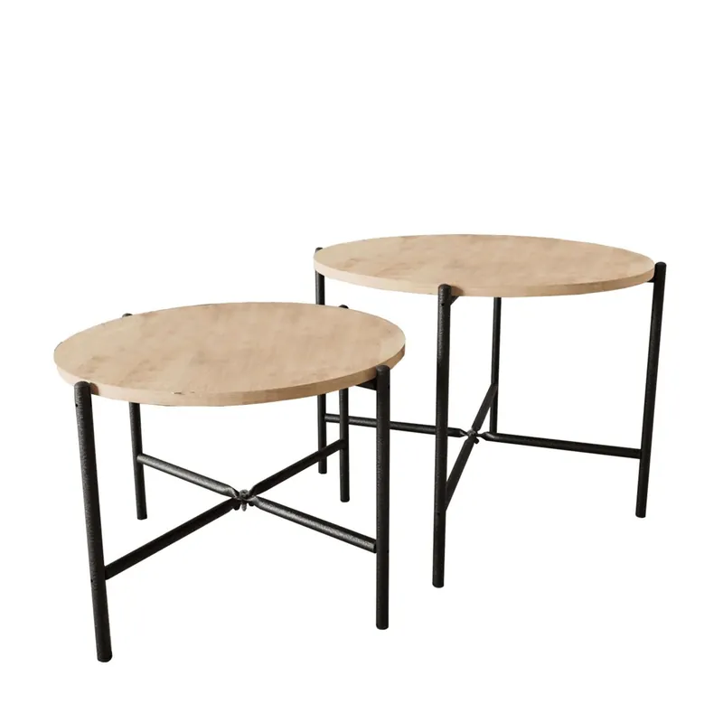 Pack de 2 Mesas de Centro Redondas Rus Estilo Industrial en Color Roble CLaro y Negro en 2 Tamaños - Muebles