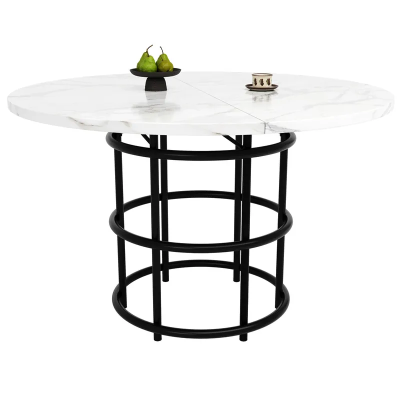 Mesa redonda 100×100×76 cm - Mesa de comedor, mesa de café para 4-6 personas, con patas metálicas en forma de anillo, tapa de MDF marmoleado - Negro
