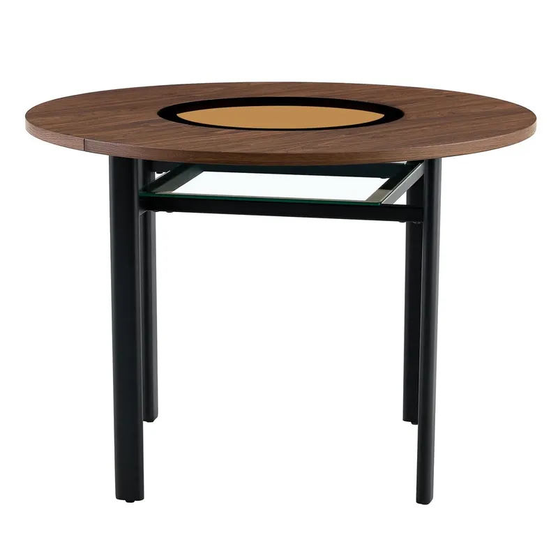 Mesa redonda 100 cm - diseño minimalista con cristal y estructura metálica - madera marrón