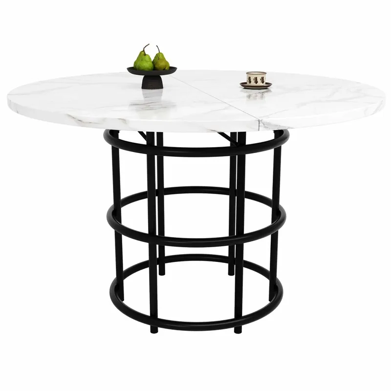 Mesa redonda 100×100×76 cm - Mesa de comedor, mesa de café para 4-6 personas, con patas metálicas en forma de anillo, tapa de MDF marmoleado - Negro