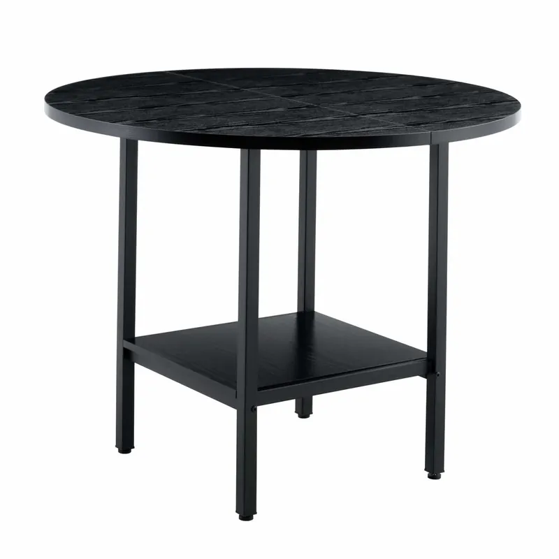Mesa de comedor redonda - para 4-6 personas con estante de almacenamiento, efecto madera negra y estructura metálica - negro
