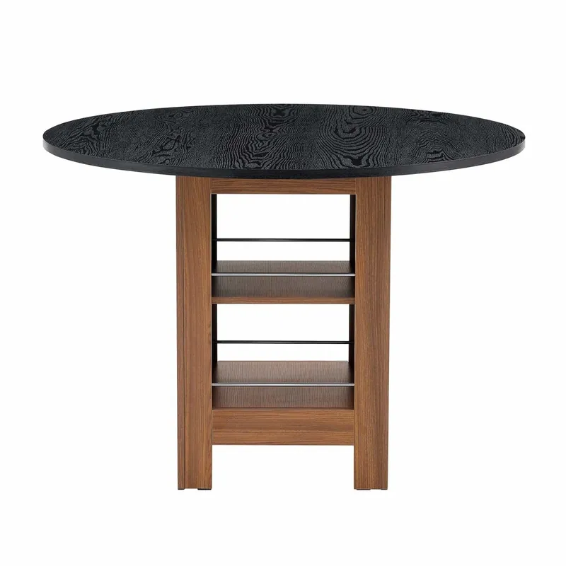 Mesa de comedor redonda 100 cm - con estante de almacenamiento, estructura metálica, diseño moderno para 2-4 personas - nogal y negro