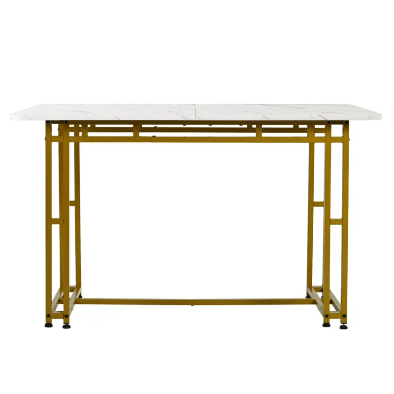 Mesa de comedor - tapa efecto mármol - patas de metal dorado - 120x70cm - Blanco y Dorado