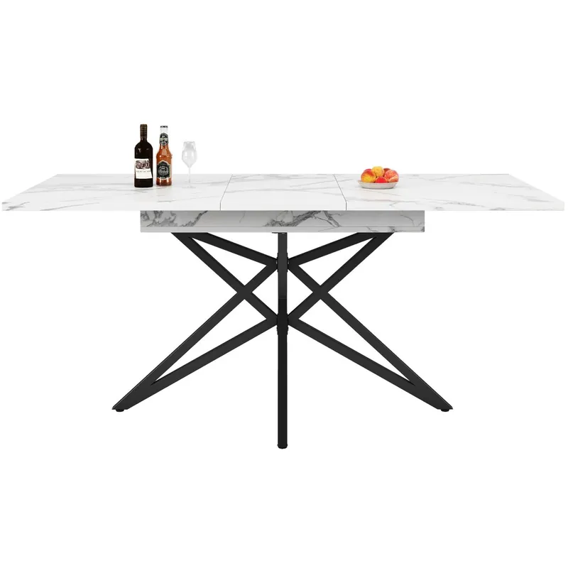 Mesa extensible 120 (160) x 80 cm - Mesa de cocina, mesa de desayuno, patas en forma de estrella, patas de hierro negro, superficie de imitación mármol/nuez - Blanca