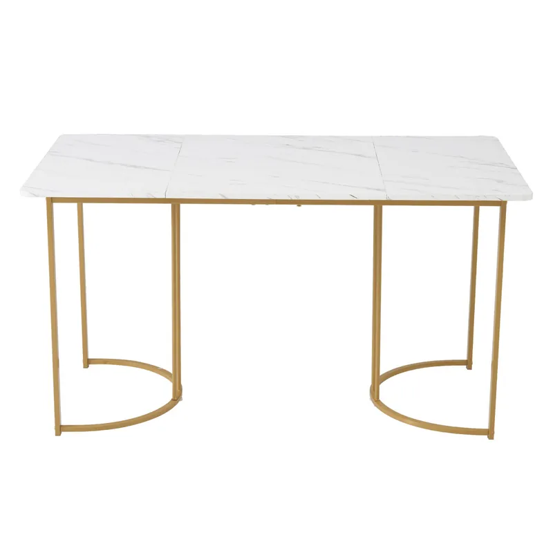 Mesa de comedor 140x80 cm con patas ajustables - estructura de metal - chapa de mármol - Blanco y Oro