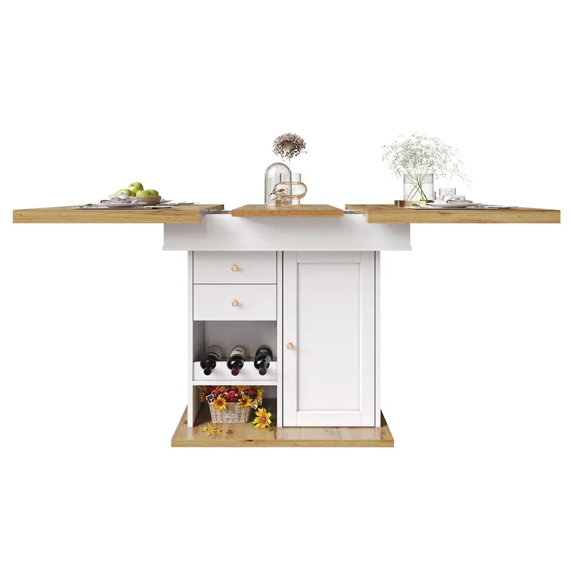 Mesa extensible telescópica 110-140x80cm - Mesa de cocina con estante para snacks y vino - Blanco