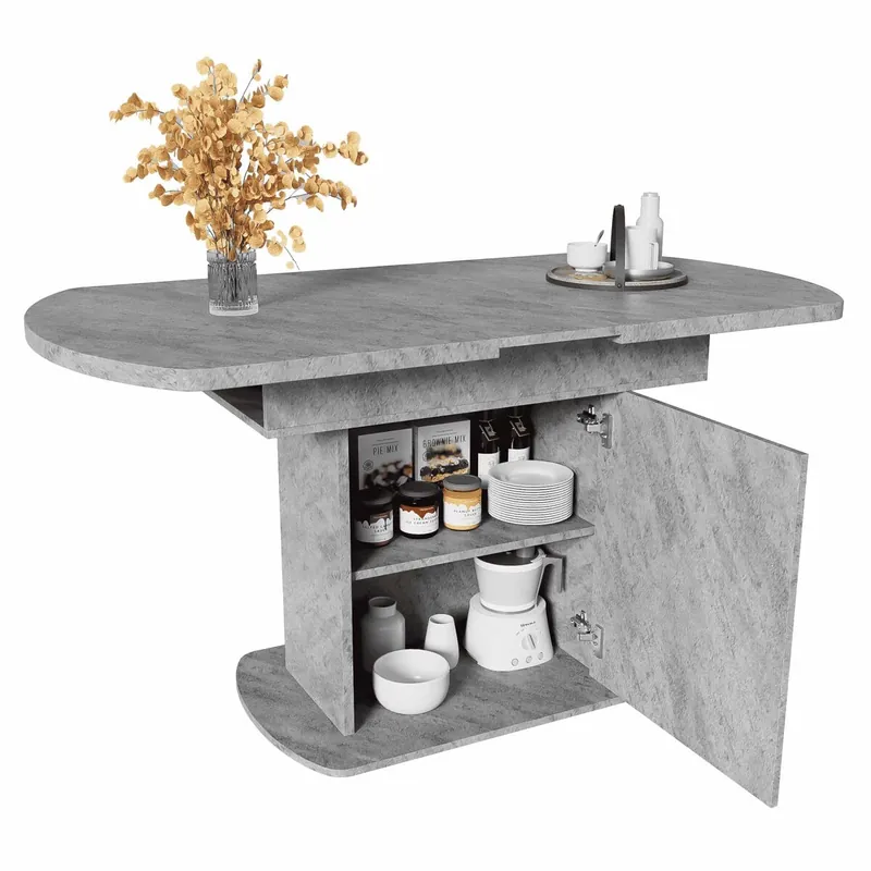 Mesa de comedor ovalada retráctil - con espacio de almacenamiento y mango plateado - Blanco & plata
