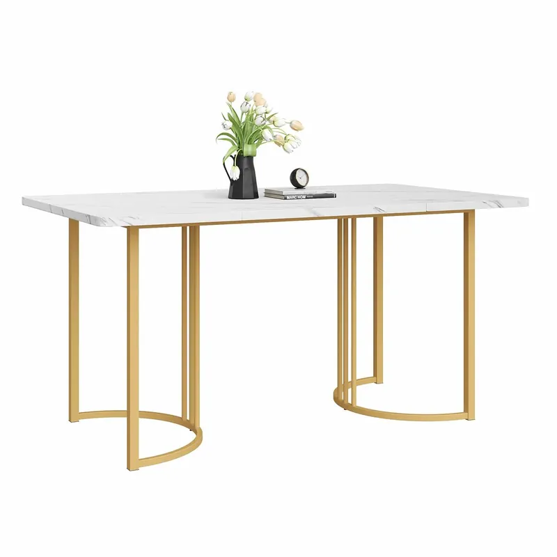 Mesa de comedor 140x80 cm con patas ajustables - estructura de metal - chapa de mármol - Blanco y Oro