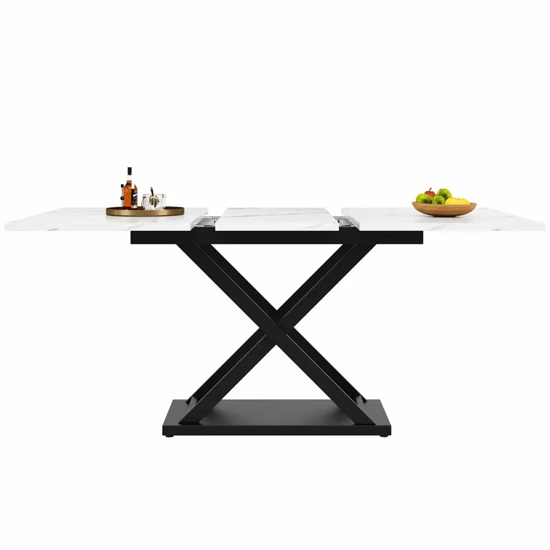 Mesa de comedor retráctil - en MDF y metal - tapa efecto mármol - Blanco