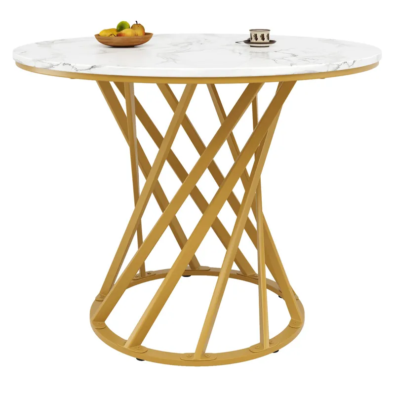 Mesa redonda 80x80x76 cm - Mesa de comedor y café para 4 personas - Tablero de MDF marmoleado, patas metálicas doradas