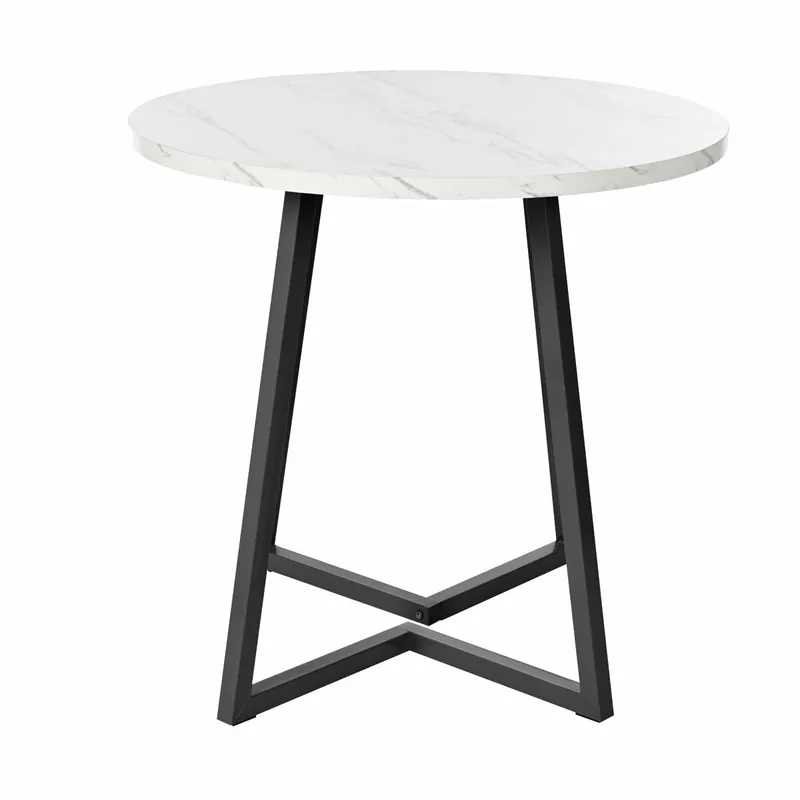 Mesa redonda - Mesa de comedor con base de metal única, diseño moderno con patrón marmoleado - Blanco